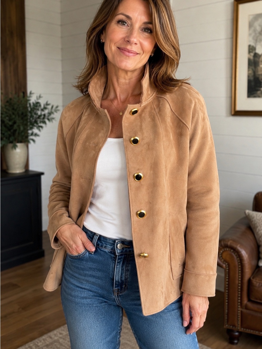 Luii Soft Faux Suede Swing Jacket With Hold Button Front